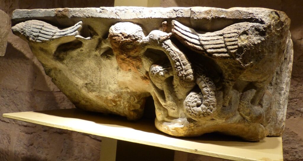 A Romanesque carved capital with spread-winged beasts from Wartburg Castle
