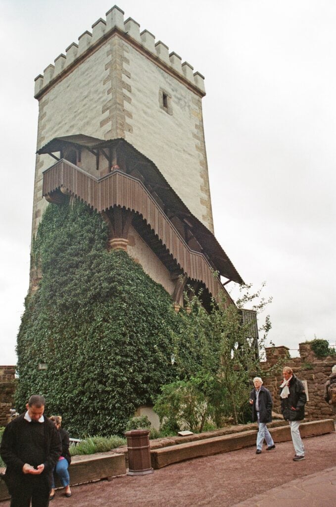 The crenellated south tower of Wartburg Castle with its covered wooden wall-walk