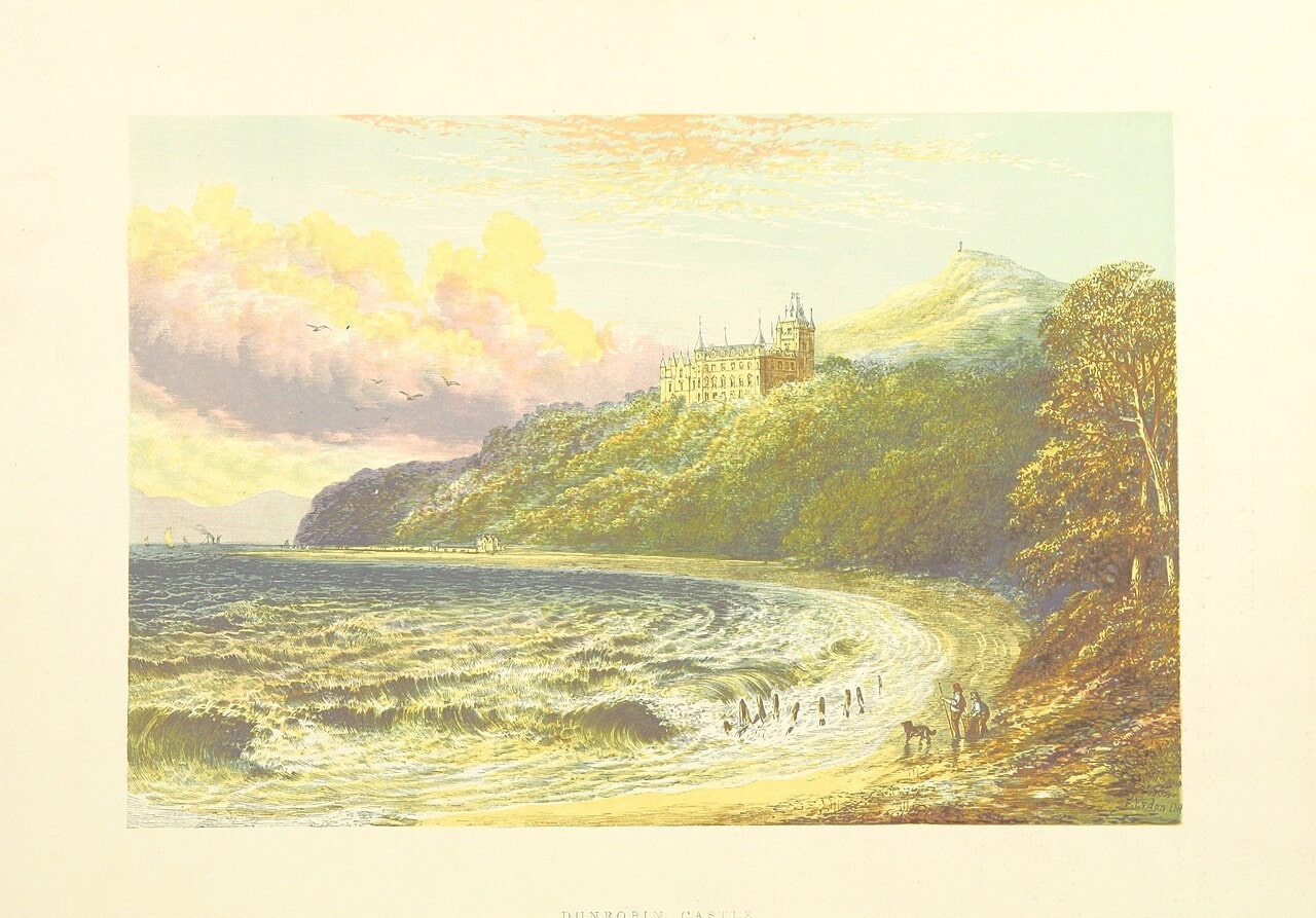 A color plate looking along a curving sandy bay with breaking surf and figures on the shore, wooded slopes rising to the right and the castle small and pale on the headland beyond. A color plate looking along a curving sandy bay with breaking surf and figures on the shore, wooded slopes rising to the right and the castle small and pale on the headland beyond.