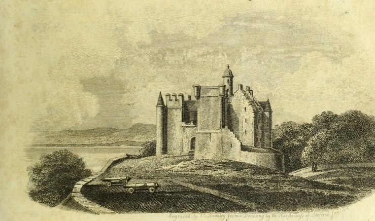 An engraving of a compact Scottish castle with a square battlemented tower and a taller crow-stepped block behind carrying a small turret, standing on a bluff above the sea with two cannon on the grass below. An engraving of a compact Scottish castle with a square battlemented tower and a taller crow-stepped block behind carrying a small turret, standing on a bluff above the sea with two cannon on the grass below.