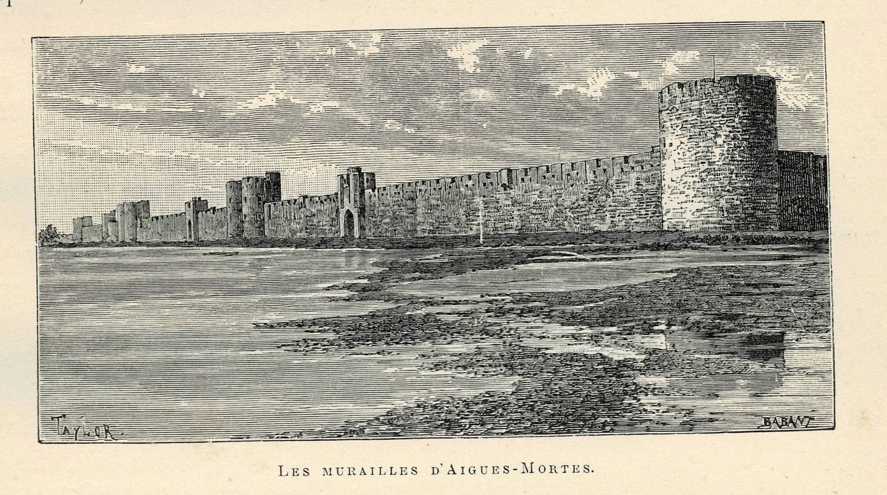 A nineteenth-century wood engraving captioned Les murailles d'Aigues-Mortes, showing the long crenellated town wall with square towers spaced evenly along it, a gate at the center and a tall round tower at the right-hand end, above a shallow lagoon. A nineteenth-century wood engraving captioned Les murailles d'Aigues-Mortes, showing the long crenellated town wall with square towers spaced evenly along it, a gate at the center and a tall round tower at the right-hand end, above a shallow lagoon.