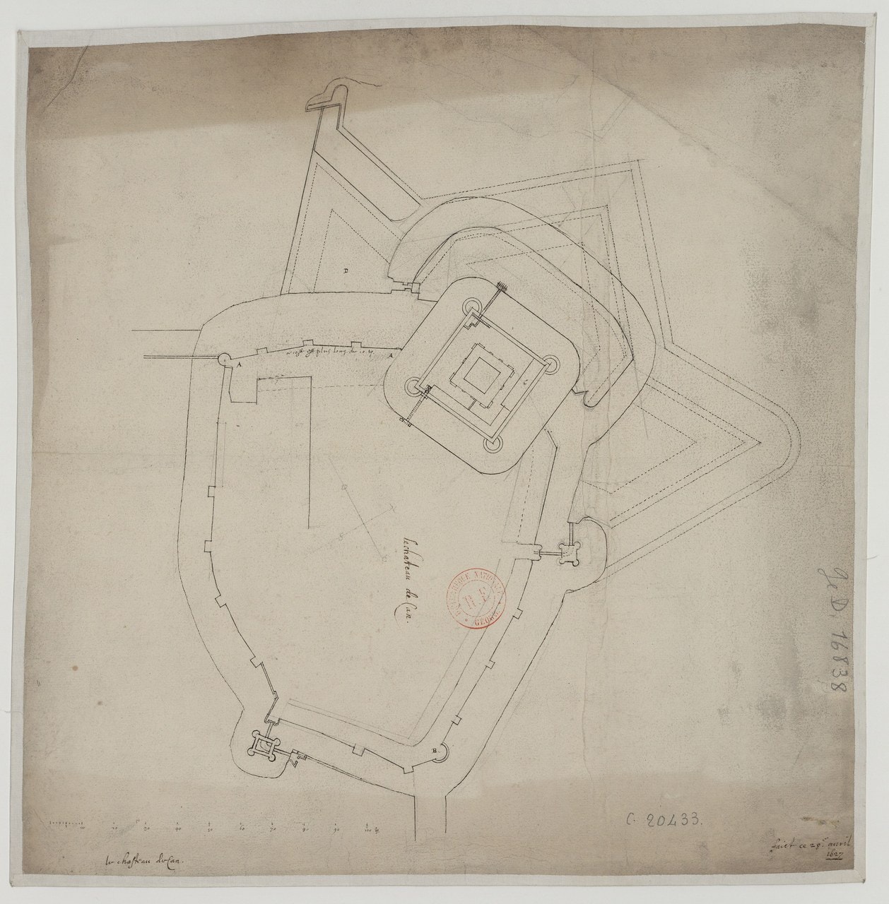 A seventeenth-century pen-and-ink ground plan of the Château de Caen showing the pear-shaped enclosure with its mural towers and two gates, the square donjon within a corner-turreted chemise at the top, and angular bastioned outworks sketched around it. A seventeenth-century pen-and-ink ground plan of the Château de Caen showing the pear-shaped enclosure with its mural towers and two gates, the square donjon within a corner-turreted chemise at the top, and angular bastioned outworks sketched around it.