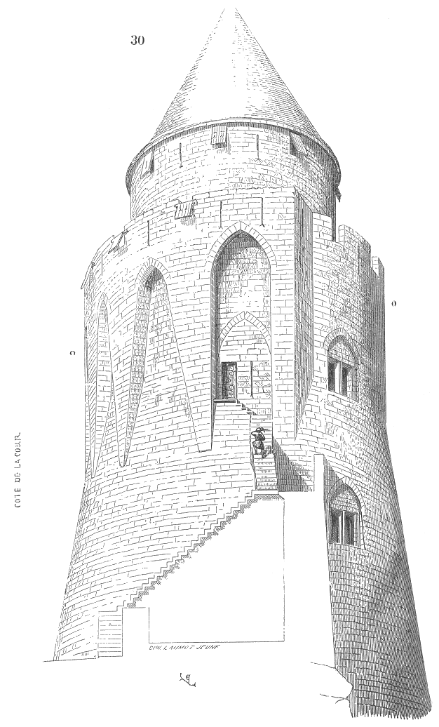 A nineteenth-century engraving reconstructing the donjon of Château Gaillard complete, its circular drum drawn out into a projecting spur on the courtyard side and its wall head carried on arches springing from buttresses. A nineteenth-century engraving reconstructing the donjon of Château Gaillard complete, its circular drum drawn out into a projecting spur on the courtyard side and its wall head carried on arches springing from buttresses.