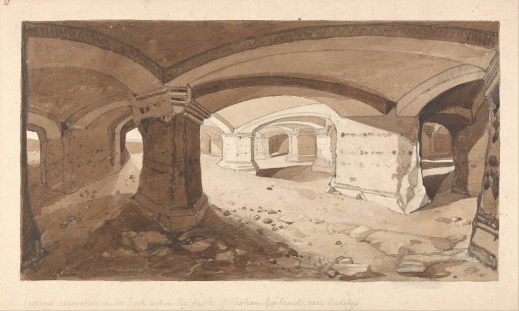 Château Gaillard 14 An early nineteenth-century brown wash drawing of a rock-cut undercroft beneath Château Gaillard, its low vaults carried on square piers.