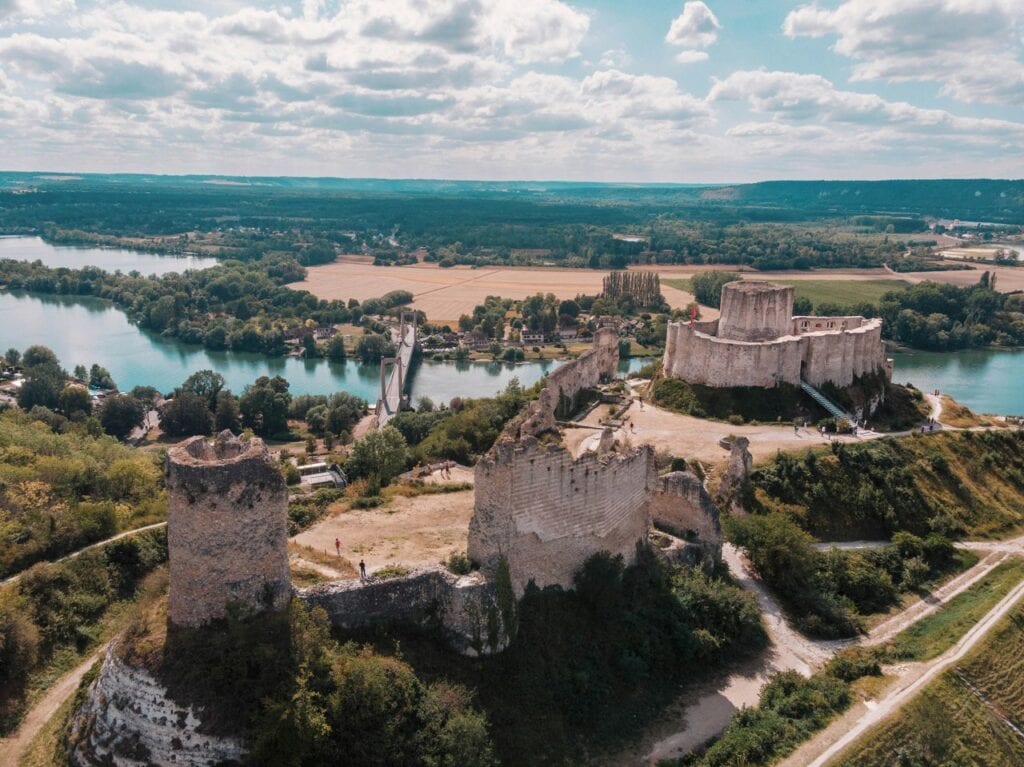 Château Gaillard 2 Low aerial view over Château Gaillard, the round tower of the advance work in the foreground and the innermost enclosure and Seine behind.