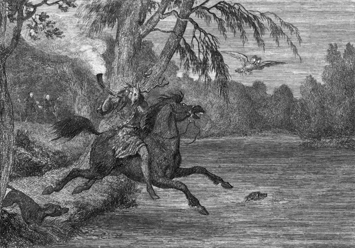 An engraved night scene of an antlered rider on a galloping black horse beside water, hounds coursing beside him and an owl in flight above. An engraved night scene of an antlered rider on a galloping black horse beside water, hounds coursing beside him and an owl in flight above.