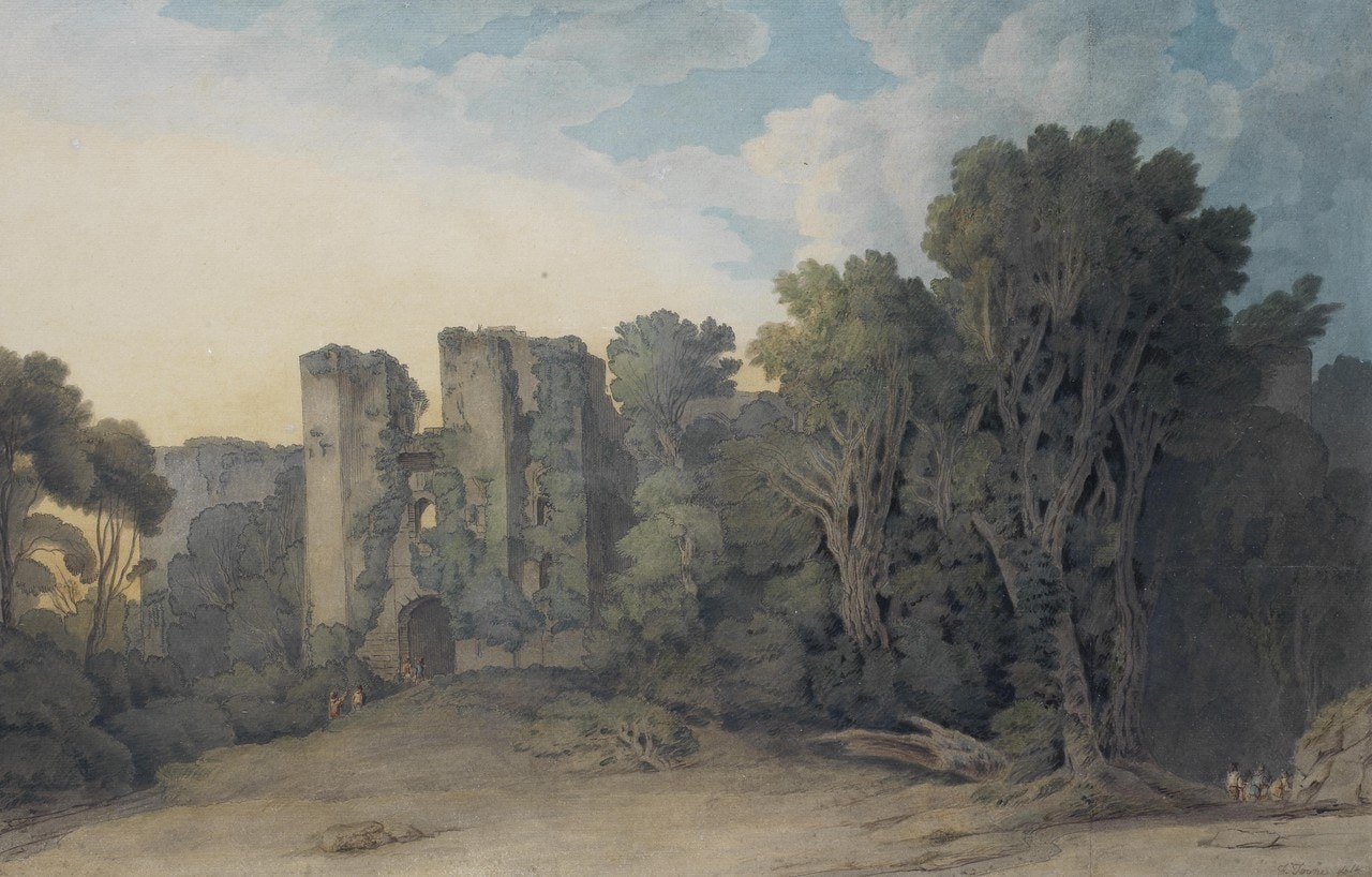 A watercolor of the ruined Berry Pomeroy Castle standing low among tall trees under a pale sky. A watercolor of the ruined Berry Pomeroy Castle standing low among tall trees under a pale sky.