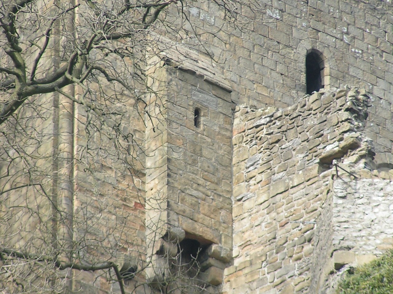 Castle Toilets and the Garderobe 1 A square ashlar turret projecting from the wall of a Norman keep, pierced by one narrow vertical slit at mid-height and by a wide lintelled opening at its base. A taller arched window belonging to the keep itself shows in the wall at the upper right. Bare tree branches cross the left of the frame.