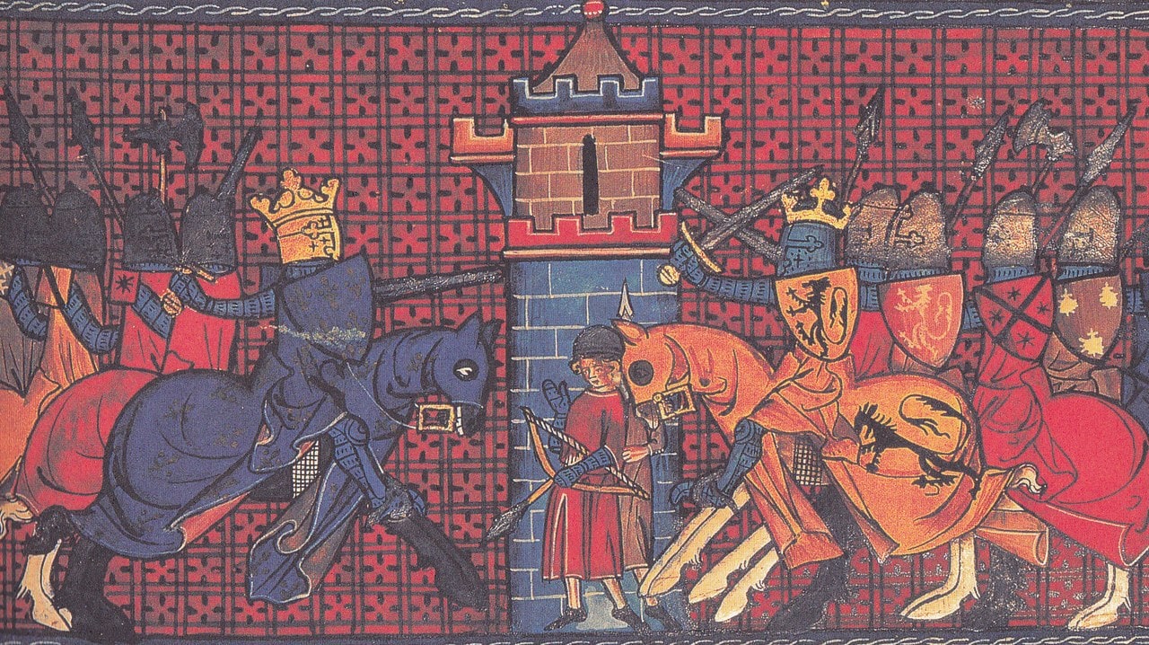 A fourteenth-century manuscript miniature of the battle of Gisors, two lines of mailed cavalry charging past a small crenellated tower, a crowned king leading each side. A fourteenth-century manuscript miniature of the battle of Gisors, two lines of mailed cavalry charging past a small crenellated tower, a crowned king leading each side.