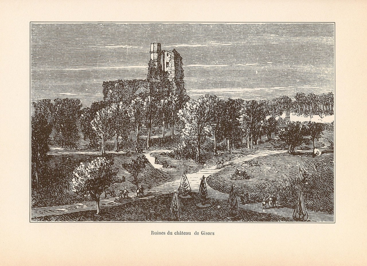 A nineteenth-century wood engraving of the ruins of Chateau de Gisors on a wooded height, with gravel walks, clipped conical shrubs and strolling figures in the grounds below. A nineteenth-century wood engraving of the ruins of Chateau de Gisors on a wooded height, with gravel walks, clipped conical shrubs and strolling figures in the grounds below.
