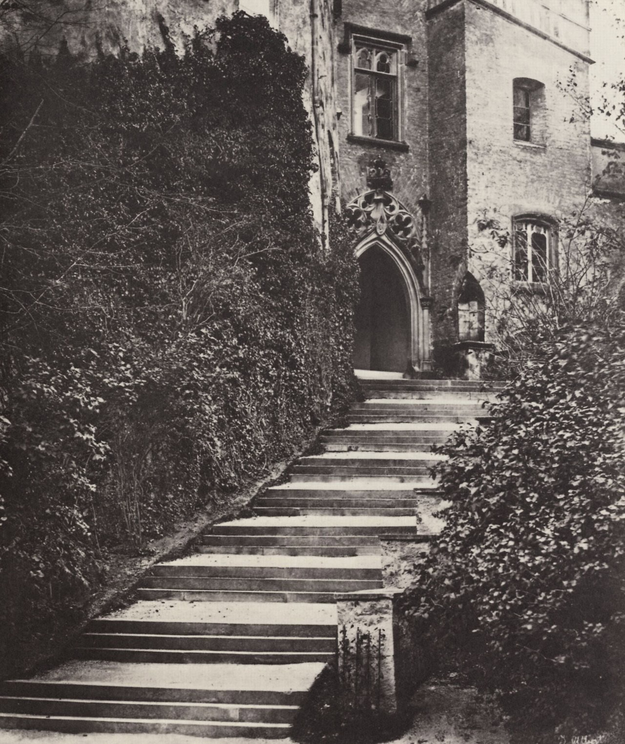 A long flight of stone steps at Hohenschwangau Castle rising between walls and shrubs towards a doorway A long flight of stone steps at Hohenschwangau Castle rising between walls and shrubs towards a doorway