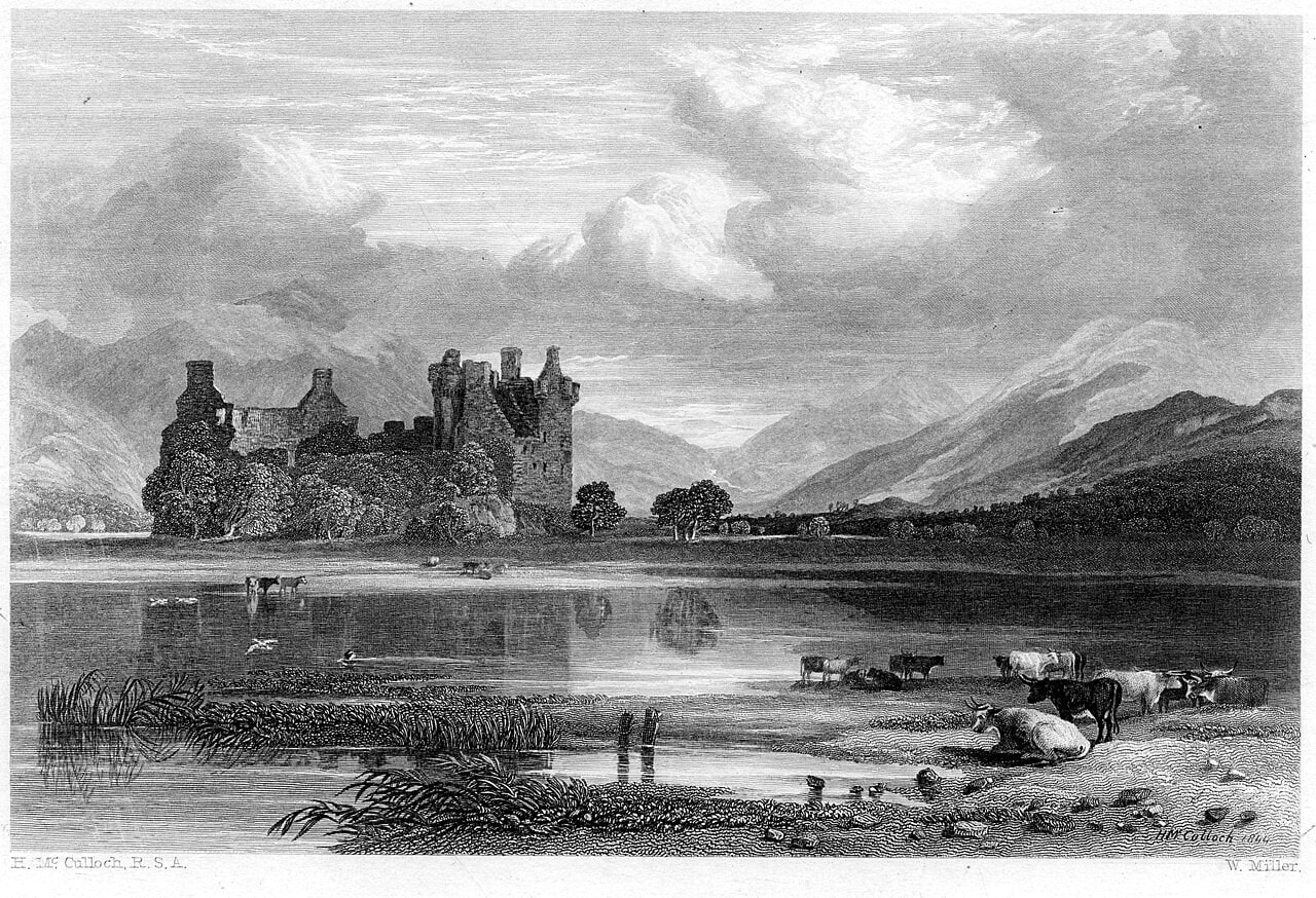 Mid-nineteenth-century engraving of Kilchurn Castle by William Miller after Horatio McCulloch, the ruin low on the loch shore with cattle standing in shallow water in the foreground. Mid-nineteenth-century engraving of Kilchurn Castle by William Miller after Horatio McCulloch, the ruin low on the loch shore with cattle standing in shallow water in the foreground.
