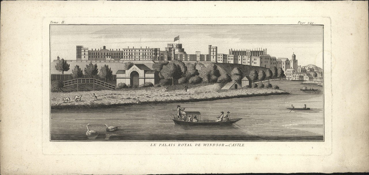 A nineteenth-century engraving of Windsor Castle's long range above the Thames, a ferry crossing the water and haymakers working the meadow below. A nineteenth-century engraving of Windsor Castle's long range above the Thames, a ferry crossing the water and haymakers working the meadow below.