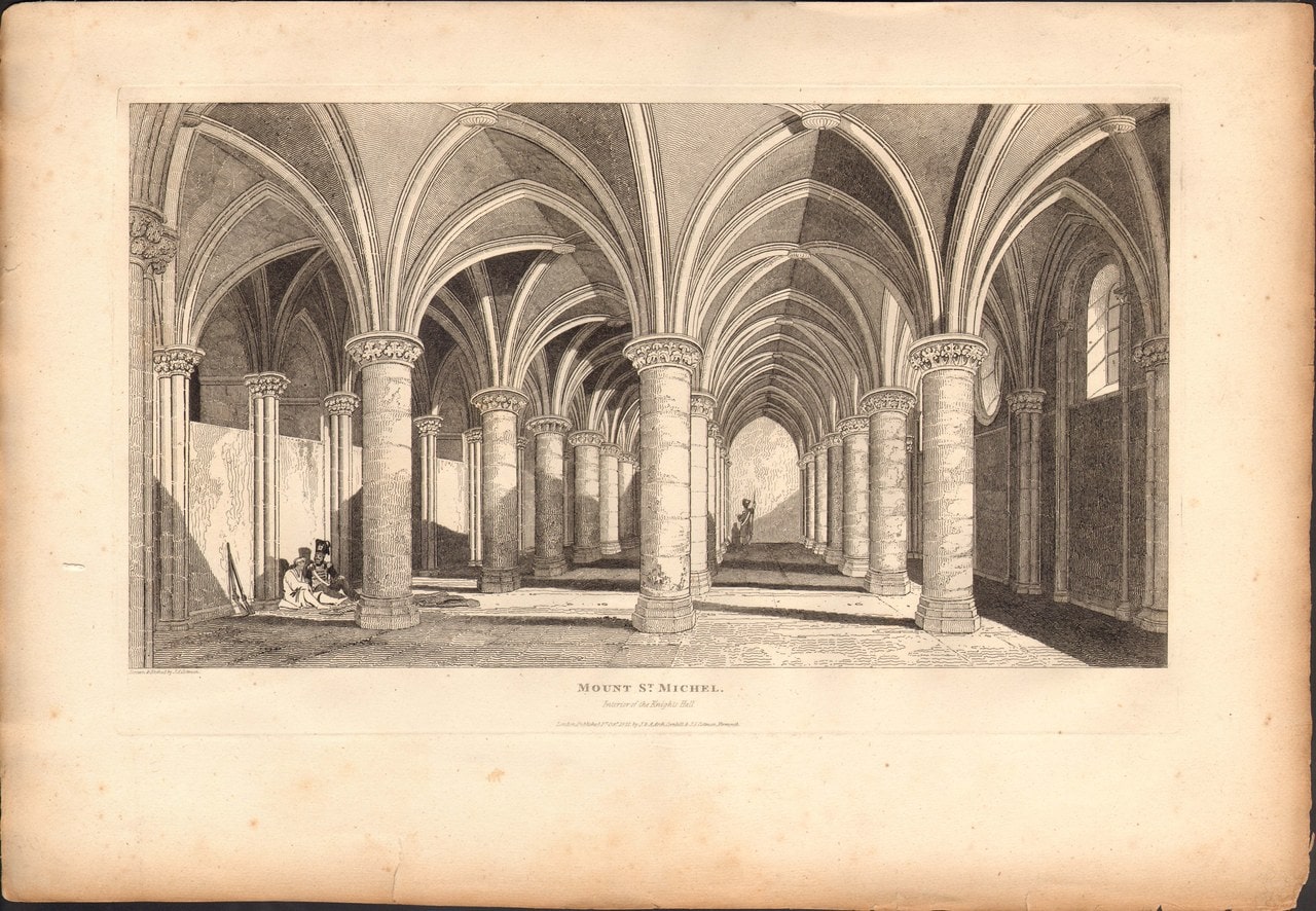 An 1821 engraving of a vaulted Gothic hall with rows of round columns, figures standing among them An 1821 engraving of a vaulted Gothic hall with rows of round columns, figures standing among them