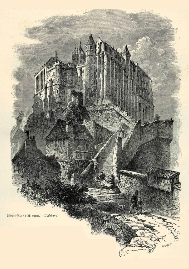 Mont-Saint-Michel 24 An 1893 wood engraving of the abbey of Mont-Saint-Michel seen from below, with the tall buttressed Merveille wall