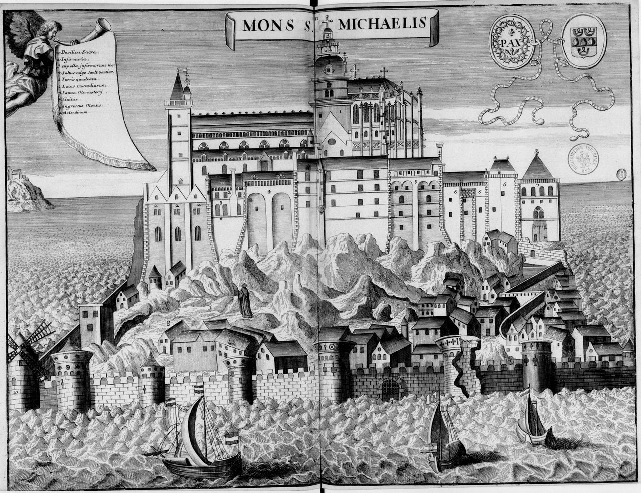 A seventeenth-century bird's-eye engraving of the abbey and walled town of Mont-Saint-Michel, with ships on the water below A seventeenth-century bird's-eye engraving of the abbey and walled town of Mont-Saint-Michel, with ships on the water below
