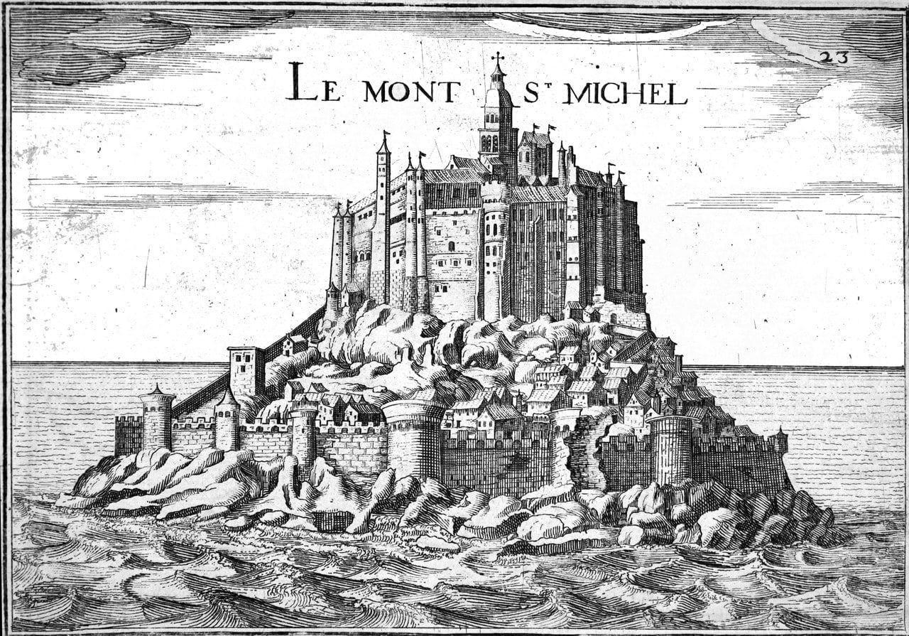 A seventeenth-century engraving of Mont-Saint-Michel showing the walled town at the base of the rock under the abbey A seventeenth-century engraving of Mont-Saint-Michel showing the walled town at the base of the rock under the abbey