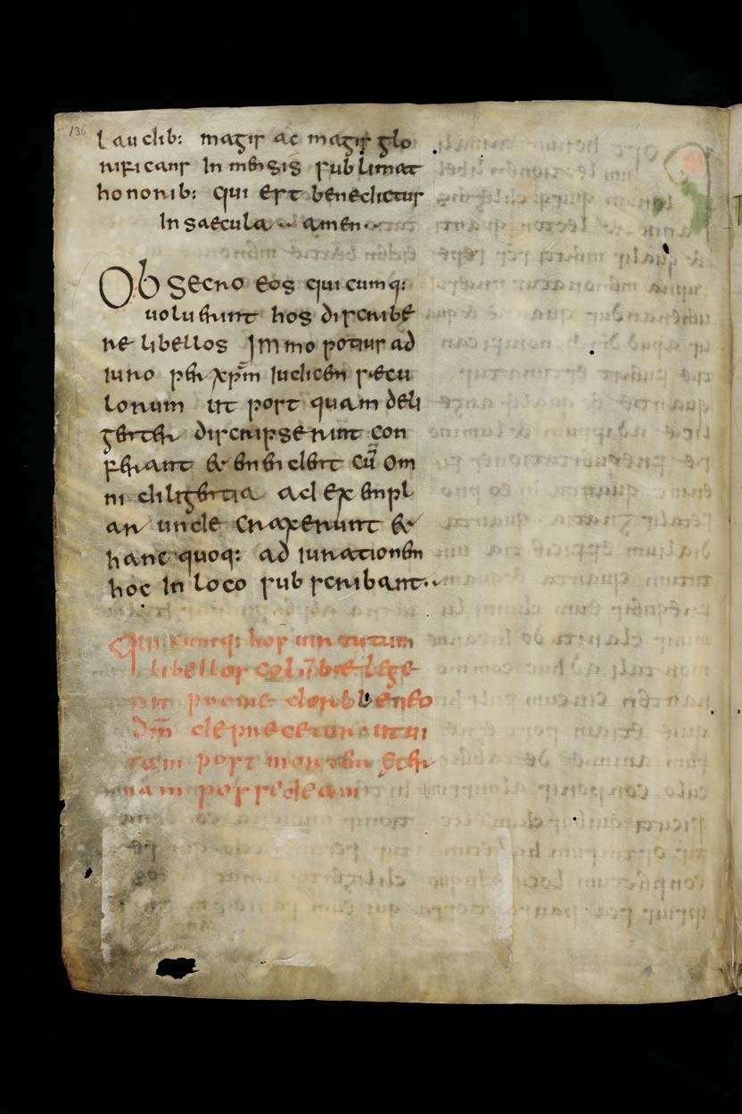 A page of insular minuscule script with a block of red-ink lines at the foot, folio 136 of the Schaffhausen manuscript of Adomnan's Life of Columba. A page of insular minuscule script with a block of red-ink lines at the foot, folio 136 of the Schaffhausen manuscript of Adomnan's Life of Columba.