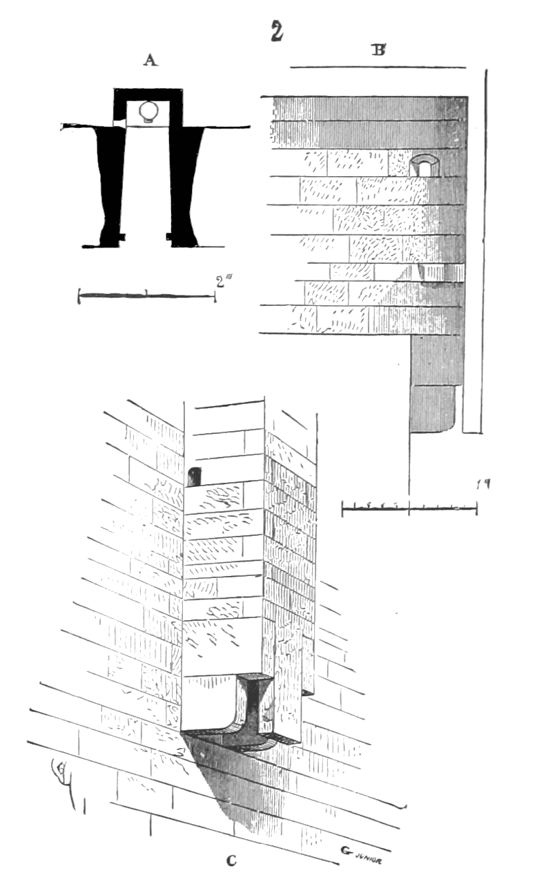 An engraved plate combining a small plan at top left, a sectional drawing of coursed masonry at top right, and below them a larger perspective section through a wall showing a seat opening and the corbelled projection beneath it. An engraved plate combining a small plan at top left, a sectional drawing of coursed masonry at top right, and below them a larger perspective section through a wall showing a seat opening and the corbelled projection beneath it.