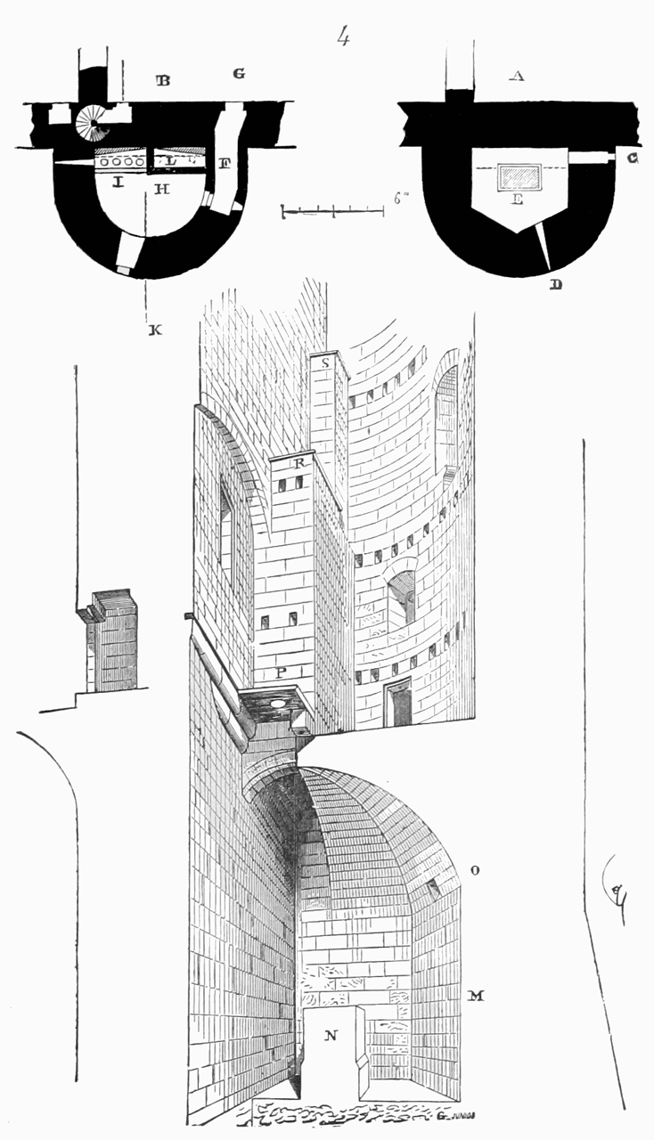 An engraved plate with two plans at the top, each showing a small chamber opening off a curved wall, and beneath them a cutaway perspective of a tall masonry tower opened to show a vaulted chamber at its base. An engraved plate with two plans at the top, each showing a small chamber opening off a curved wall, and beneath them a cutaway perspective of a tall masonry tower opened to show a vaulted chamber at its base.