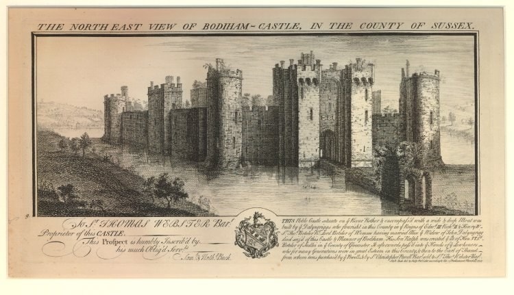 Eighteenth-century engraving of Bodiam Castle from the north-east with a heraldic cartouche