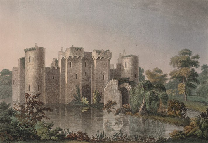 Colored aquatint of Bodiam Castle from the north-east, 1799, with water in the foreground