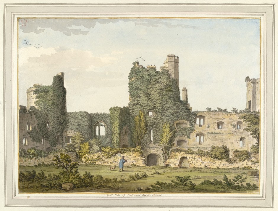 Watercolor of the ruined, ivy-grown east side of Bodiam Castle from inside the courtyard, with a figure and a dog, drawn in 1784