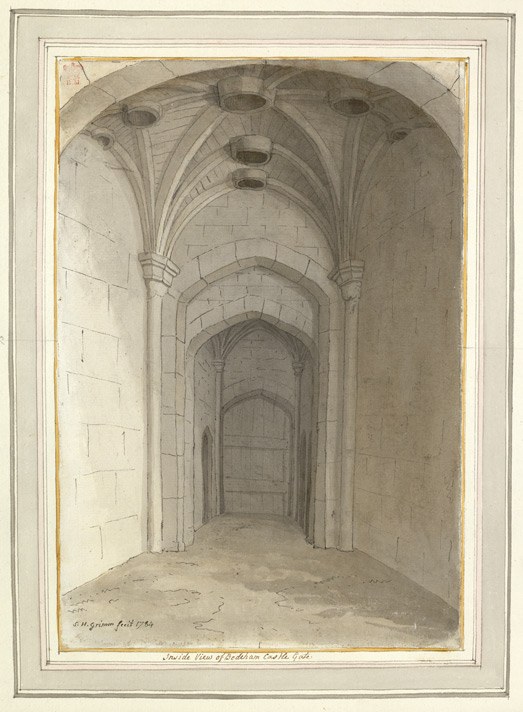 Eighteenth-century watercolor looking along the vaulted gateway passage of Bodiam Castle