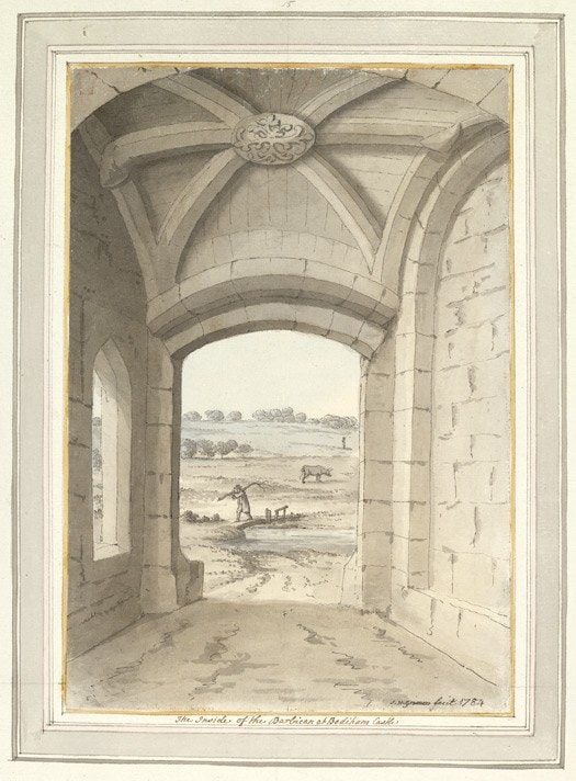 Eighteenth-century watercolor of the vaulted interior of the barbican at Bodiam Castle