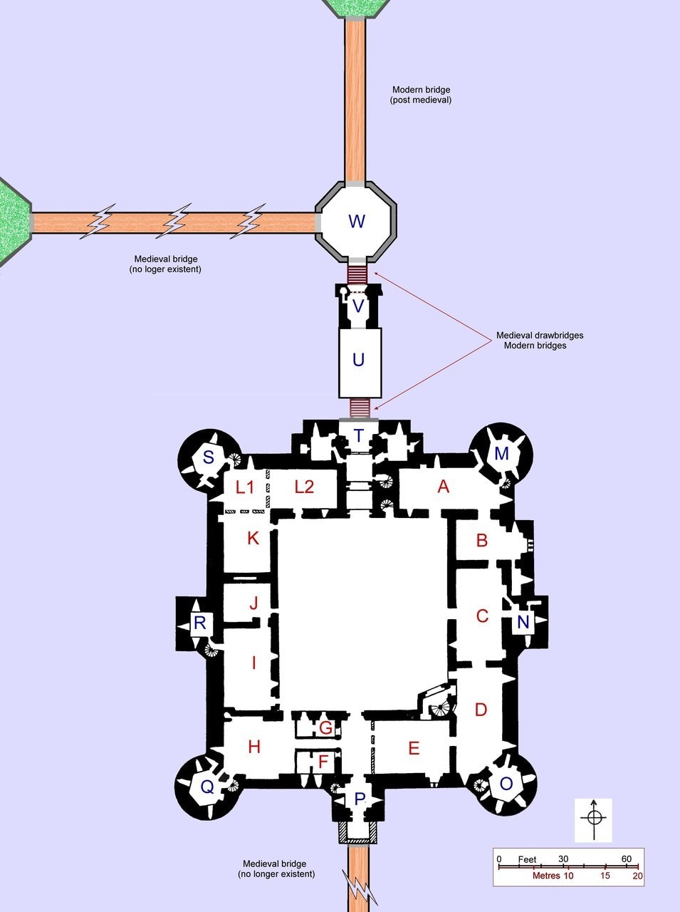 Ground plan of Bodiam Castle with its outworks: a modern bridge from the north and a vanished medieval bridge from the west meeting at the octagonal platform, the barbican and causeway leading south to the gatehouse, and the lettered rooms of the quadrangle