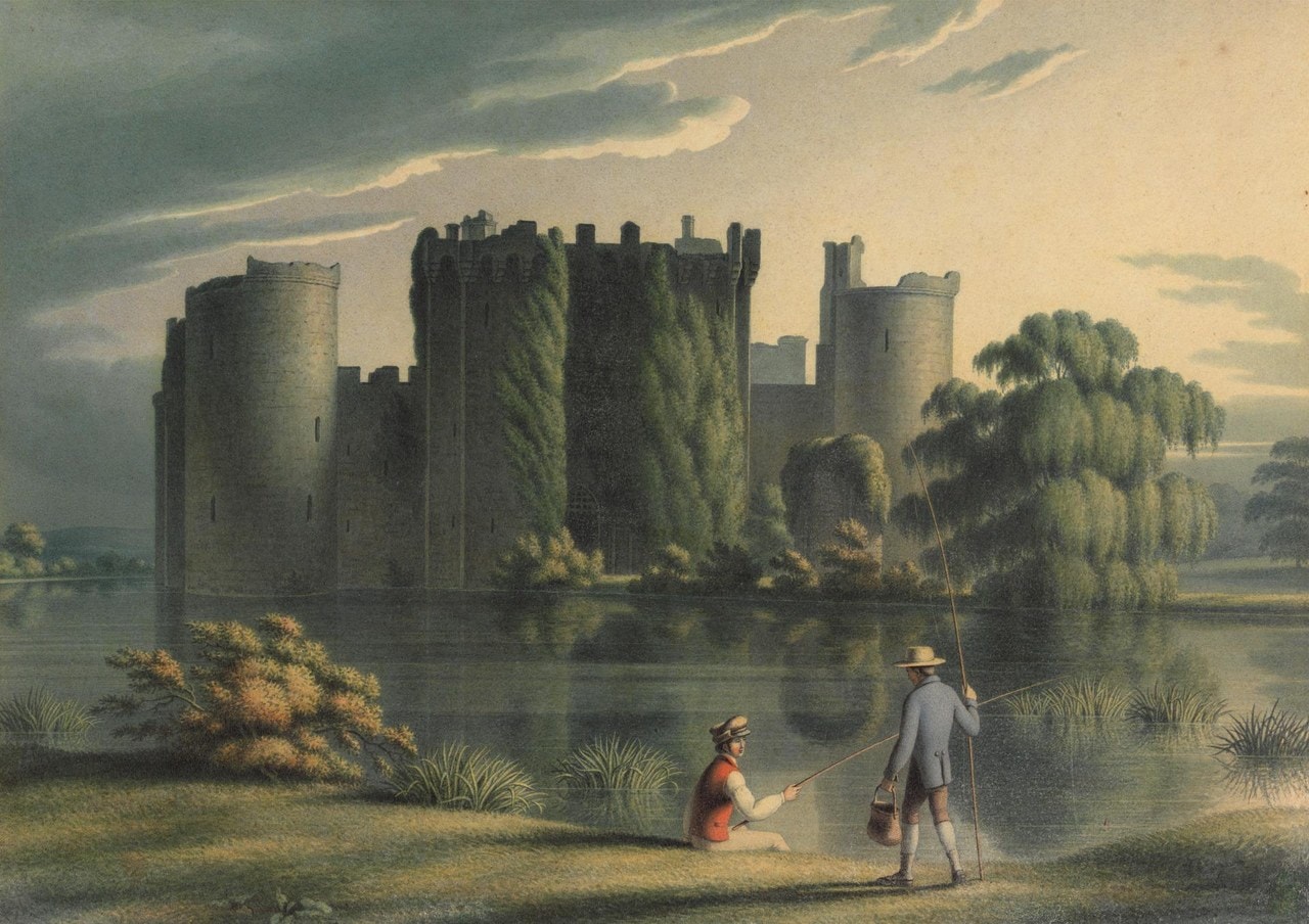 Nineteenth-century watercolor of Bodiam Castle across its moat with figures on the bank