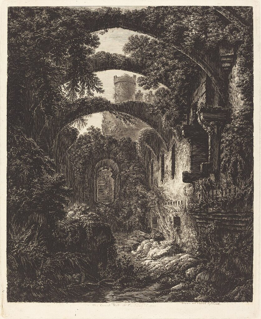 A black-and-white etching of ruined stone arches overgrown with ivy and trees inside a castle, a tower visible through the arches