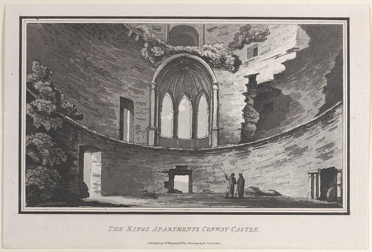 An eighteenth-century black-and-white print of a roofless curved stone chamber with three tall pointed windows in its apse and two small figures on the floor.