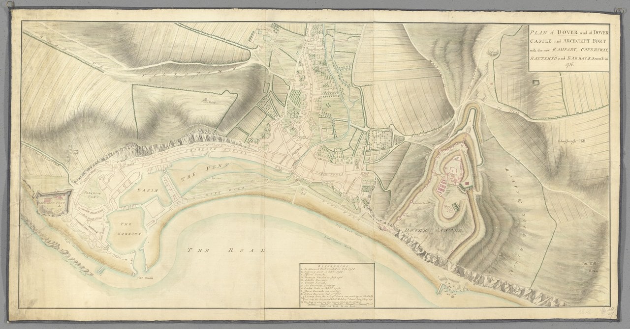 A hand-colored plan of Dover showing the castle on hachured high ground at the right, the town, the harbor and the coast, with a key printed below. A hand-colored plan of Dover showing the castle on hachured high ground at the right, the town, the harbor and the coast, with a key printed below.