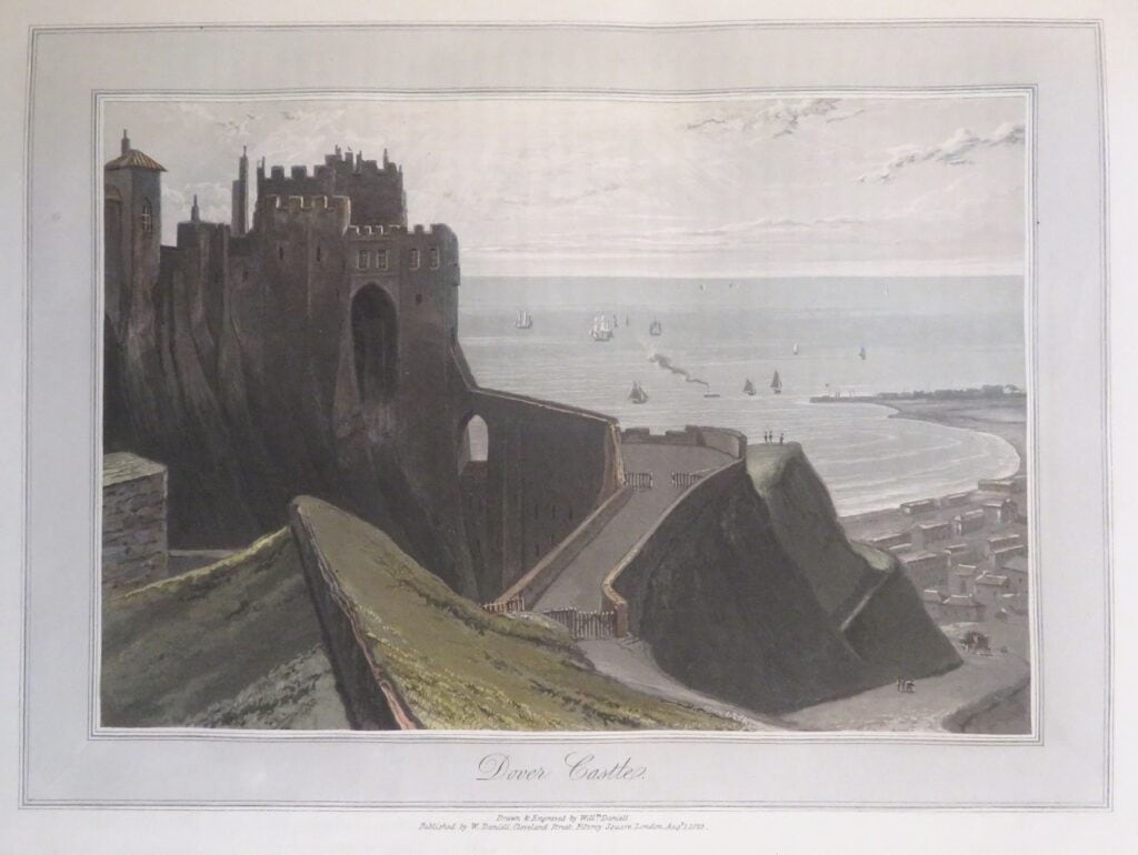 Dover Castle 13 An aquatint looking out from the castle's ramparts over the town, the shore and a sea full of shipping.