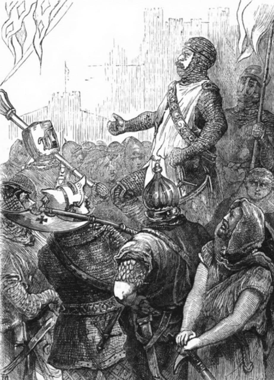 A wood engraving of an armored commander gesturing from horseback, surrounded by mailed soldiers and banners before castle battlements. A wood engraving of an armored commander gesturing from horseback, surrounded by mailed soldiers and banners before castle battlements.