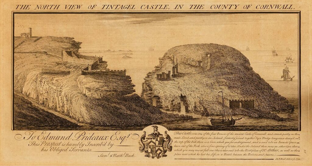 Why Are English Castles in Ruins? 4 An eighteenth-century engraving of ruined walls on a rocky headland and an island crag above the sea, with a sailing boat below, a heraldic cartouche and a dedication beneath.