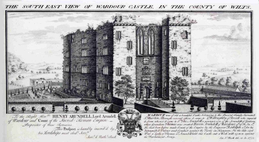 Why Are English Castles in Ruins? 5 An eighteenth-century engraving of a tall ruined castle with a formal walled garden before it, a dedication to Lord Arundell with a coat of arms, and a paragraph of engraved text beneath.