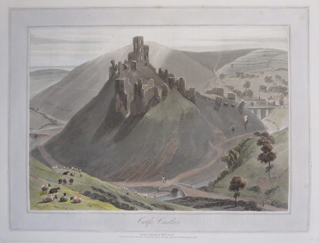 Why Are English Castles in Ruins? 3 A pale colored aquatint of a ruined castle on a steep conical hill between green slopes, with sheep grazing on the near slope in the foreground and a road and a bridge on the valley floor below.