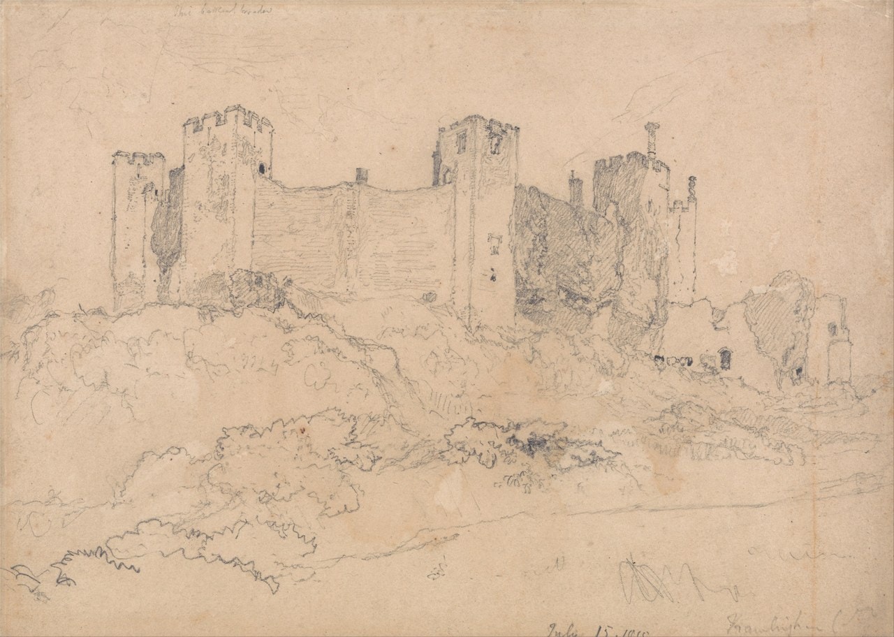 A graphite drawing on cream paper showing Framlingham Castle from outside. The curtain wall and its square towers are drawn along the top of a rising slope, with shading worked into the wall faces and the crenellations lightly outlined. The foreground is loosely sketched scrub and rough ground. A pencil inscription runs along the lower edge of the sheet. A graphite drawing on cream paper showing Framlingham Castle from outside. The curtain wall and its square towers are drawn along the top of a rising slope, with shading worked into the wall faces and the crenellations lightly outlined. The foreground is loosely sketched scrub and rough ground. A pencil inscription runs along the lower edge of the sheet.