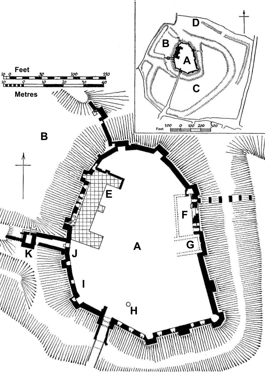 A measured ground plan of Framlingham Castle drawn in black on white. The enclosure is a rough oval outlined by a heavy black wall line with square towers projecting from it, and hachured shading around the outside marks the surrounding slopes. Letters from A to K label points within and around the enclosure, and a smaller inset plan at the top right shows the castle set within its wider outworks. A scale bar in feet and meters and a north arrow appear at the left. A measured ground plan of Framlingham Castle drawn in black on white. The enclosure is a rough oval outlined by a heavy black wall line with square towers projecting from it, and hachured shading around the outside marks the surrounding slopes. Letters from A to K label points within and around the enclosure, and a smaller inset plan at the top right shows the castle set within its wider outworks. A scale bar in feet and meters and a north arrow appear at the left.