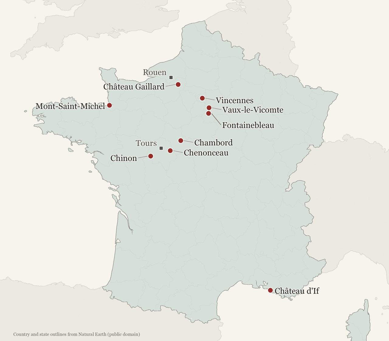 Locator map of France marking Chenonceau, Chambord, Chinon, Vaux-le-Vicomte, Vincennes, Fontainebleau, Mont-Saint-Michel, Château Gaillard and the Château d'If, with Tours and Rouen shown for reference