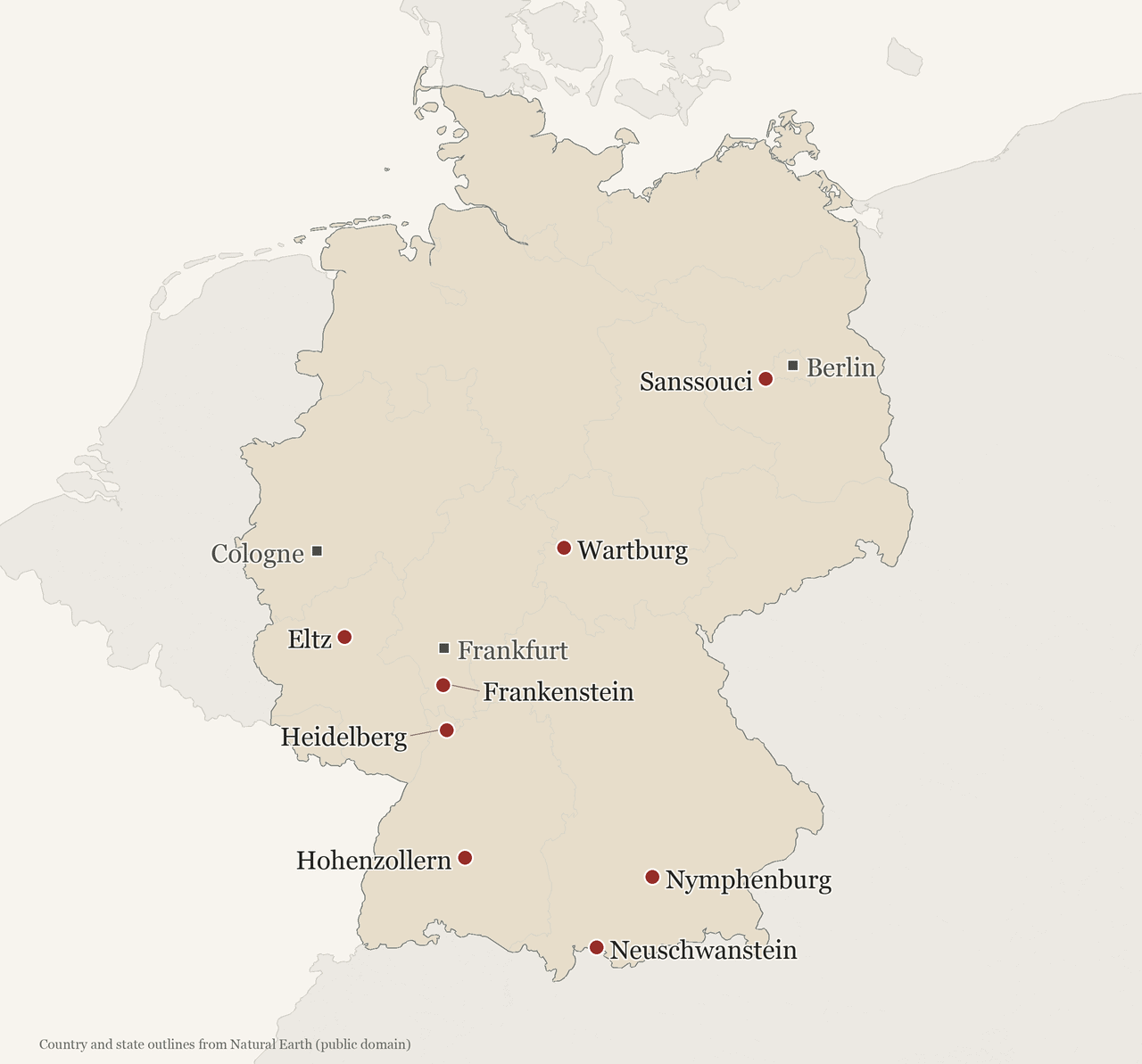 Locator map of Germany marking the castles and palaces of the German castle documentaries, with Berlin, Frankfurt and Cologne shown for reference