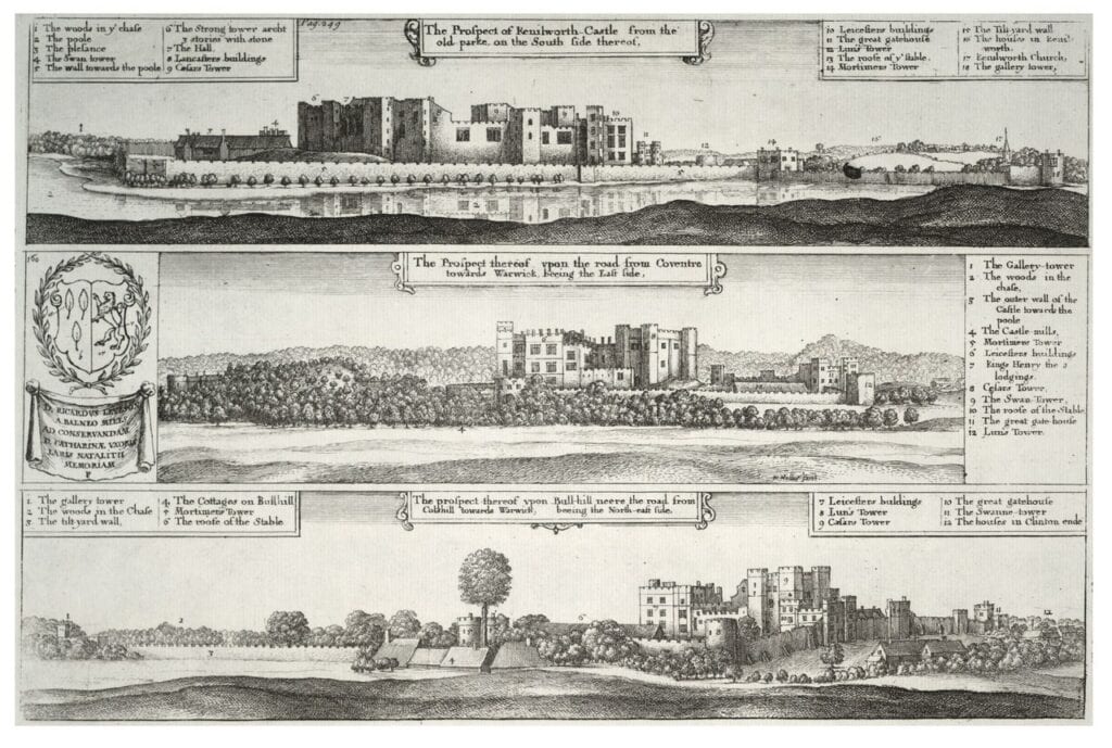 Kenilworth Castle 3 A seventeenth-century engraving in three long panels showing Kenilworth Castle from three sides, the top panel with the castle beyond a broad sheet of water, each panel with a numbered key and a lettered title.