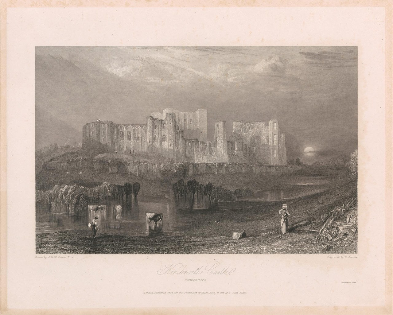 A black-and-white engraving of Kenilworth Castle's ruins on rising ground under a luminous sky, with cattle standing in a pool and a figure carrying a load on the bank in the foreground. A black-and-white engraving of Kenilworth Castle's ruins on rising ground under a luminous sky, with cattle standing in a pool and a figure carrying a load on the bank in the foreground.