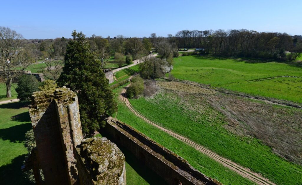 Kenilworth Castle 12 A high view down past a ruined wall top and a tall conifer to the outer curtain wall and a track curving across broad green meadow and rough grassland, with trees along the far edge.