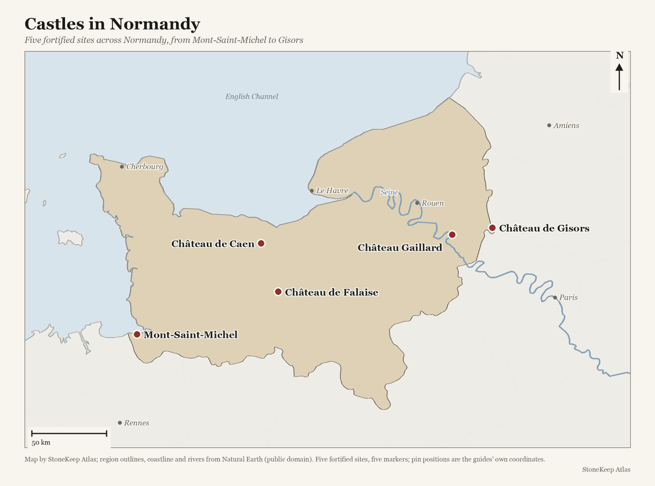Locator map of Normandy with five red markers at Mont-Saint-Michel, Château de Caen, Château de Falaise, Château Gaillard and Château de Gisors; the Seine drawn from Le Havre past Rouen to Paris, the English Channel to the north, and Cherbourg, Rouen, Le Havre, Amiens, Rennes and Paris as gray orientation points. Locator map of Normandy with five red markers at Mont-Saint-Michel, Château de Caen, Château de Falaise, Château Gaillard and Château de Gisors; the Seine drawn from Le Havre past Rouen to Paris, the English Channel to the north, and Cherbourg, Rouen, Le Havre, Amiens, Rennes and Paris as gray orientation points.