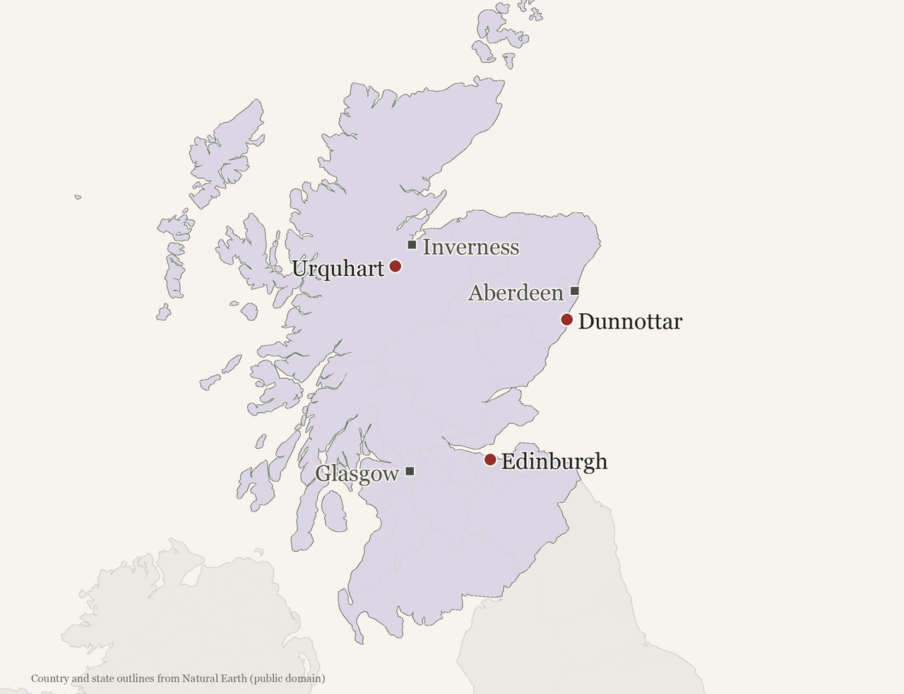Locator map of Scotland marking Edinburgh Castle, Urquhart Castle and Dunnottar Castle, with Inverness, Aberdeen and Glasgow shown for reference