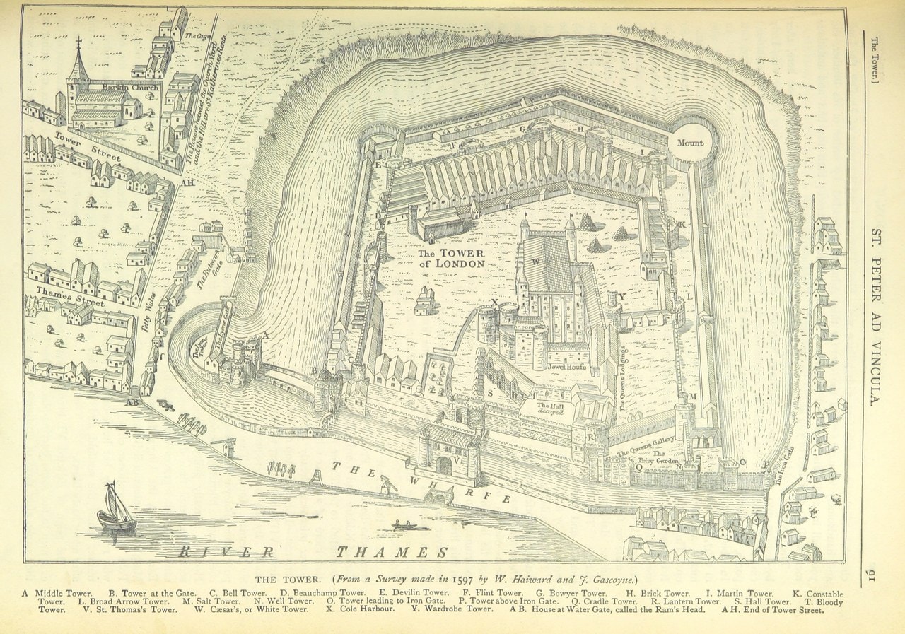 A bird's-eye plan of the Tower of London showing a central keep inside two rings of walls and towers, surrounded by a broad moat, with the river and a wharf along the bottom and lettered towers.