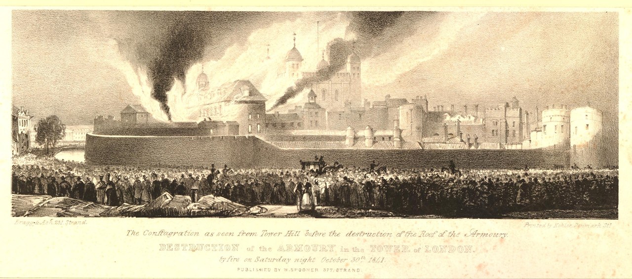 A nineteenth-century print of flames and black smoke rising from the burning armory to the left of the White Tower, with a dense crowd in the foreground.